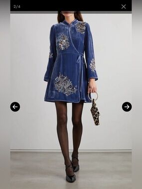 RIXO Gena Blue Velvet Mini Wrap Dress with Beaded Feather Pattern- size S NWT